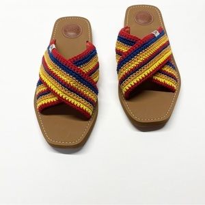 Chloe Woody Crochet Flat Sandals Tan Multicolor Size 41